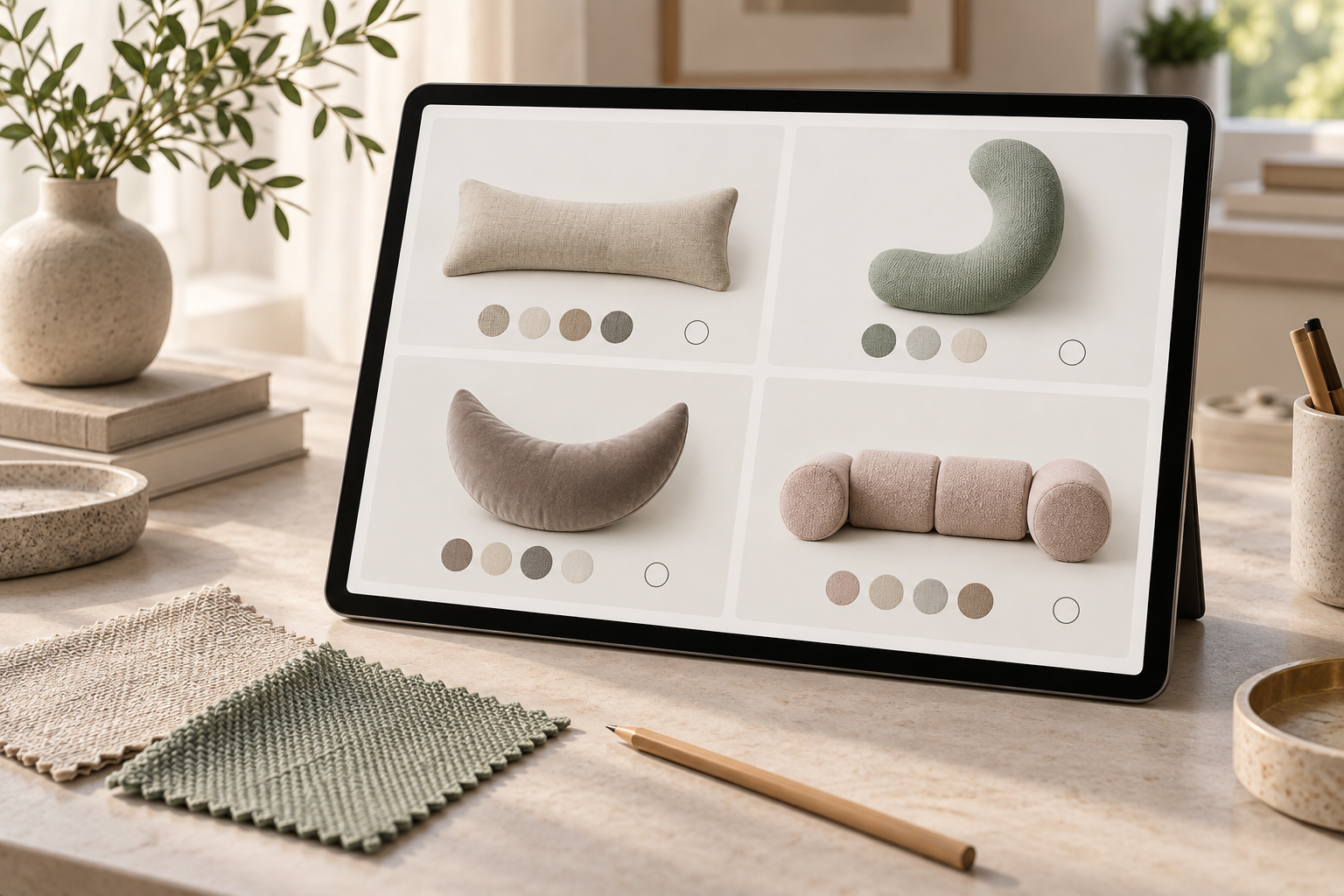 Four AI-generated pillow variations shown side by side on a design tablet