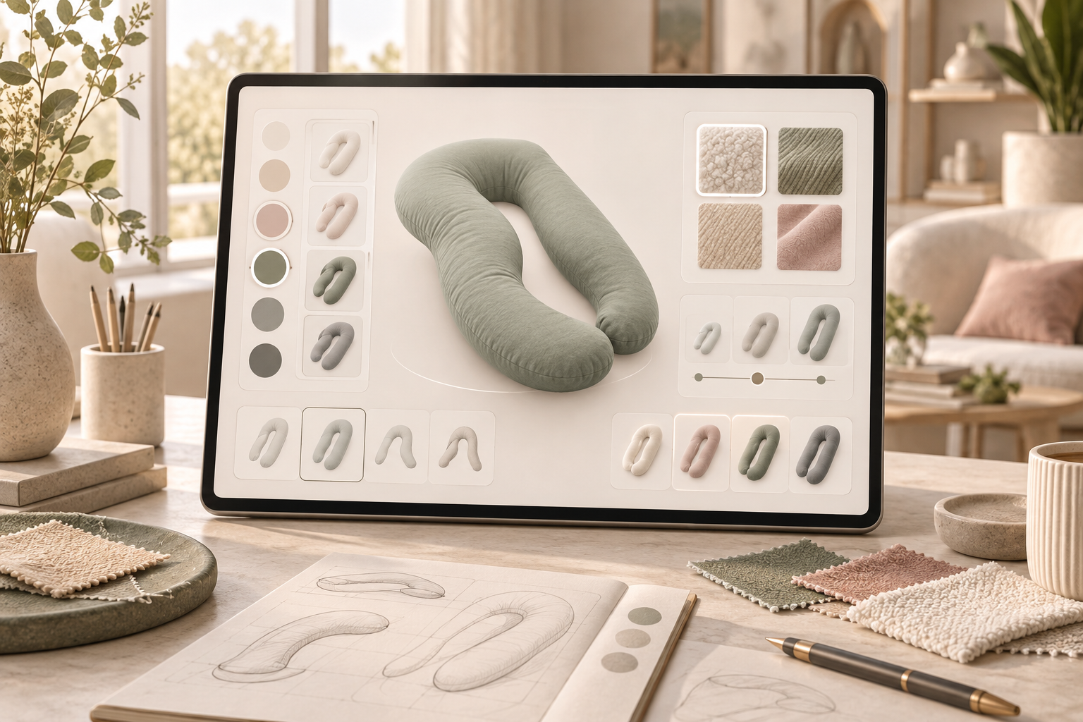 An AI product design workspace showing customizable pillow colors, shapes, sizes, and fabrics