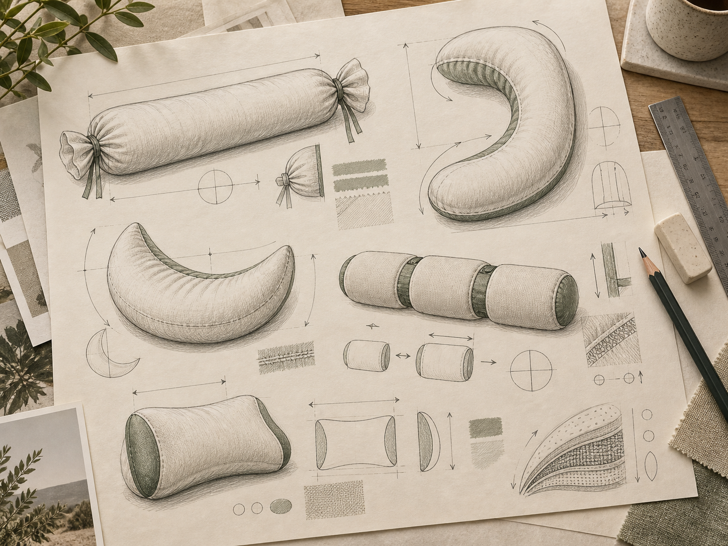Hand-drawn concept sketches exploring several supportive pillow silhouettes