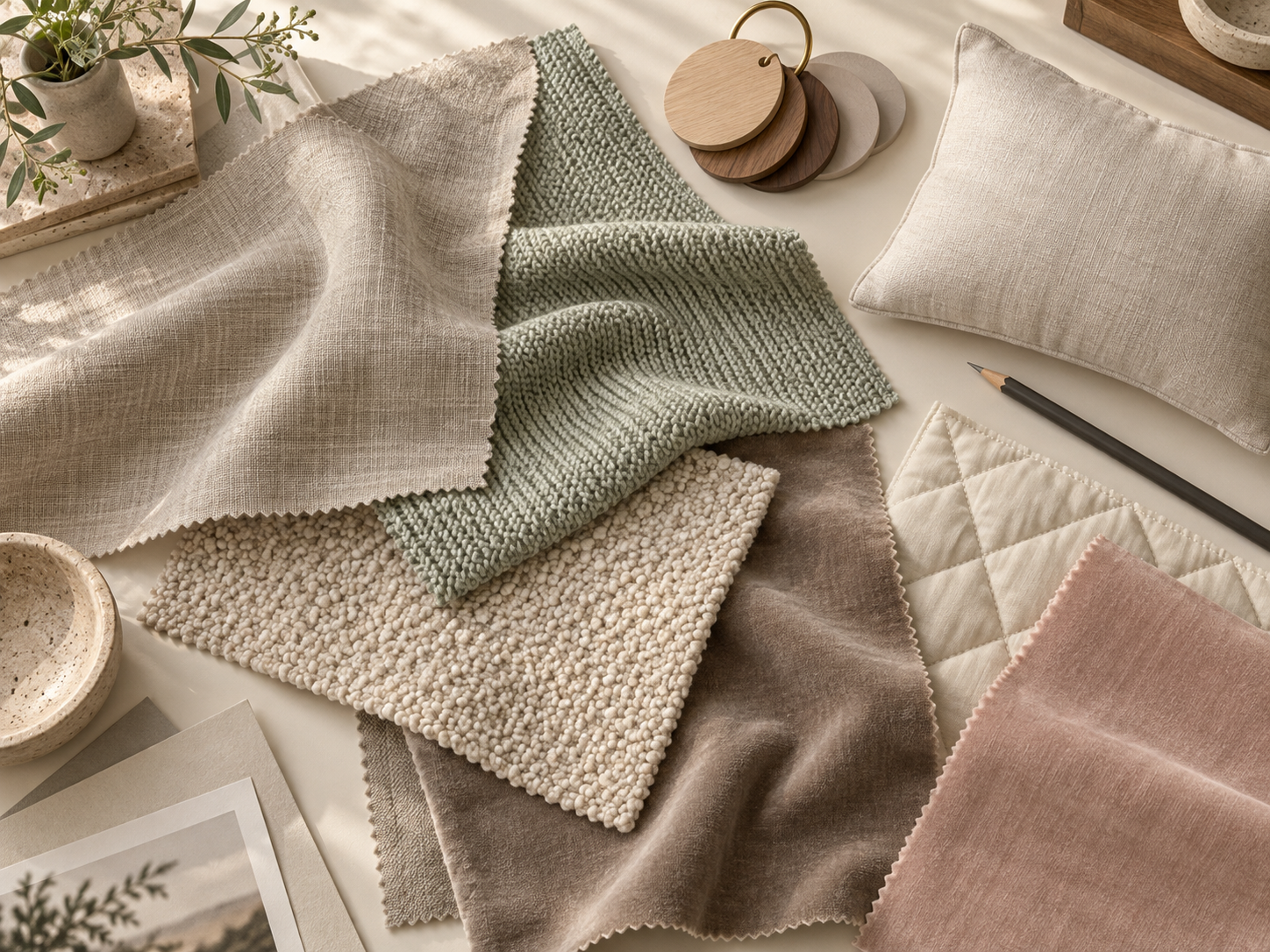 A curated material library of linen, cooling knit, bouclé, velvet, and quilted cotton