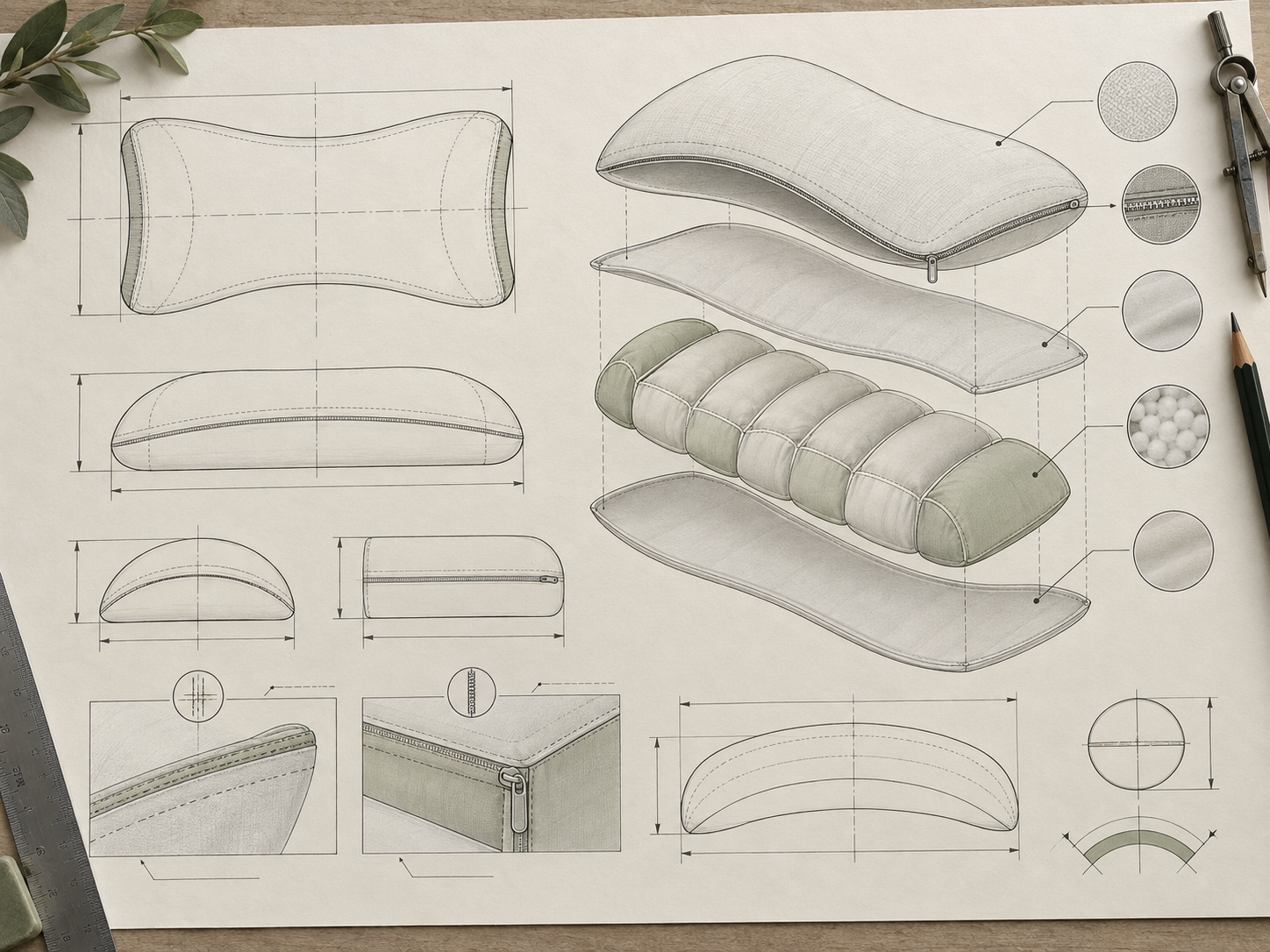 Technical line drawings showing seams, layers, zipper placement, and inner construction