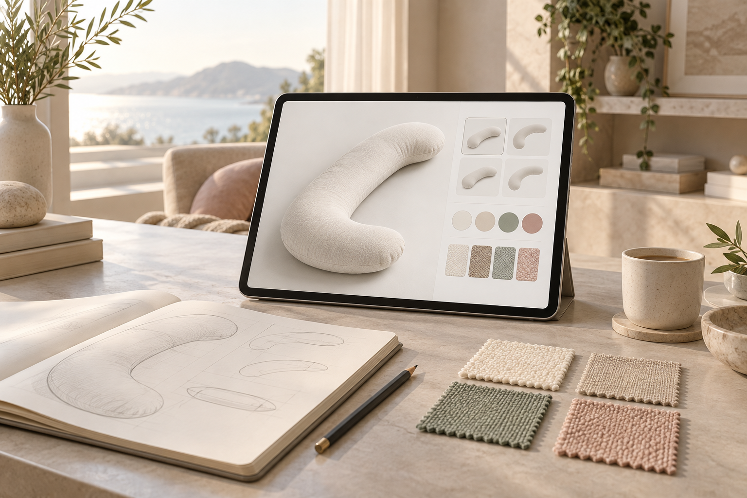 A calm AI product design workspace with a pillow configurator, sketches, and fabric swatches