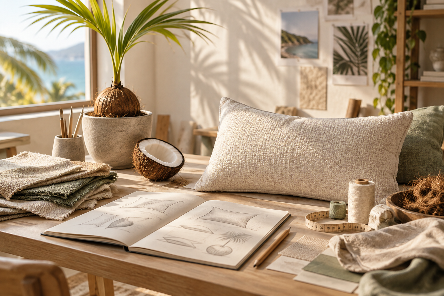 A sunlit design table with a pillow prototype, sketches, natural fabrics, and coconut inspiration