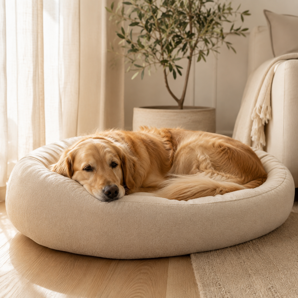 A golden retriever resting in a soft neutral pet bed