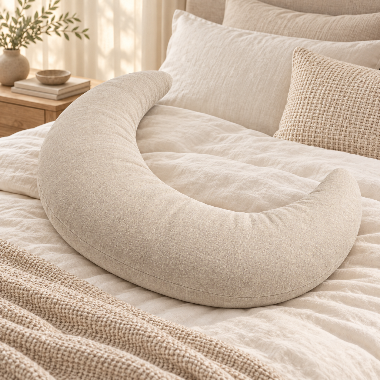 Oatmeal Moon Embrace Pillow on a bed